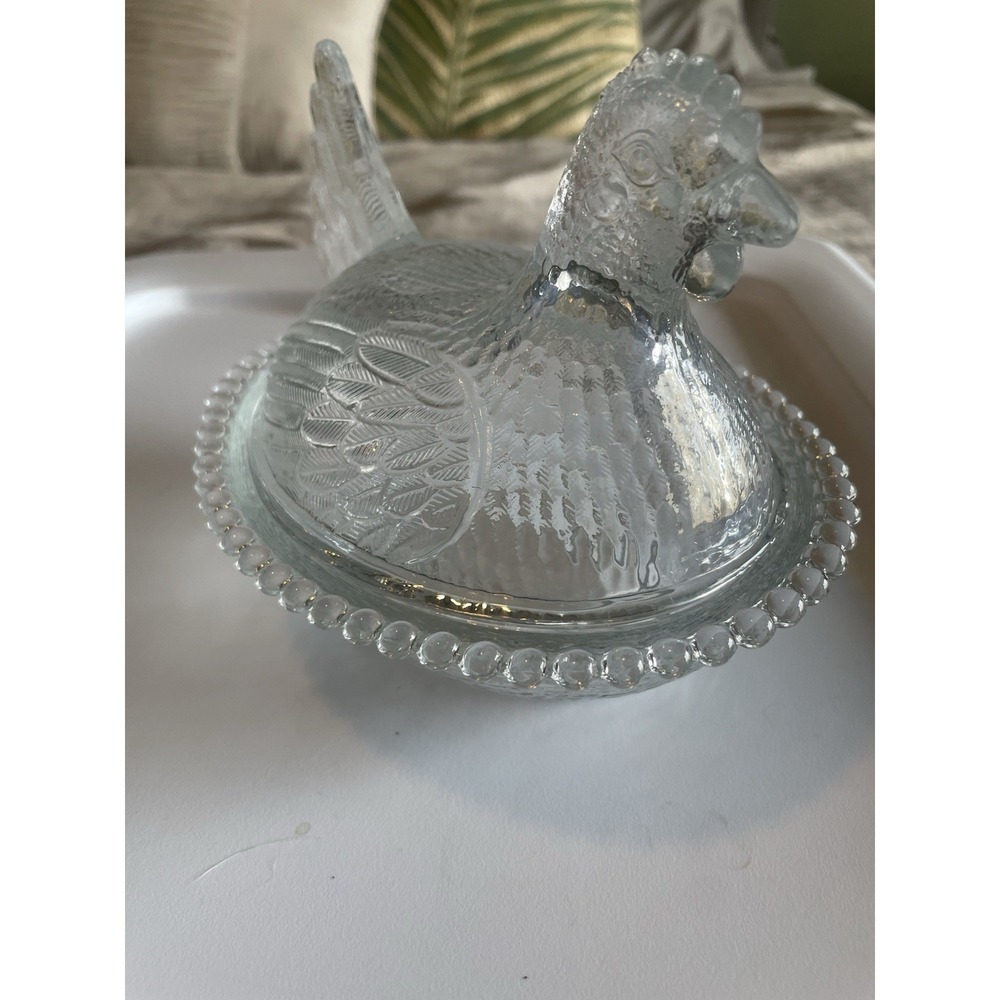 vintage "Hen on Nest" covered candy dish looks clear with a blue tint Perfect 7"